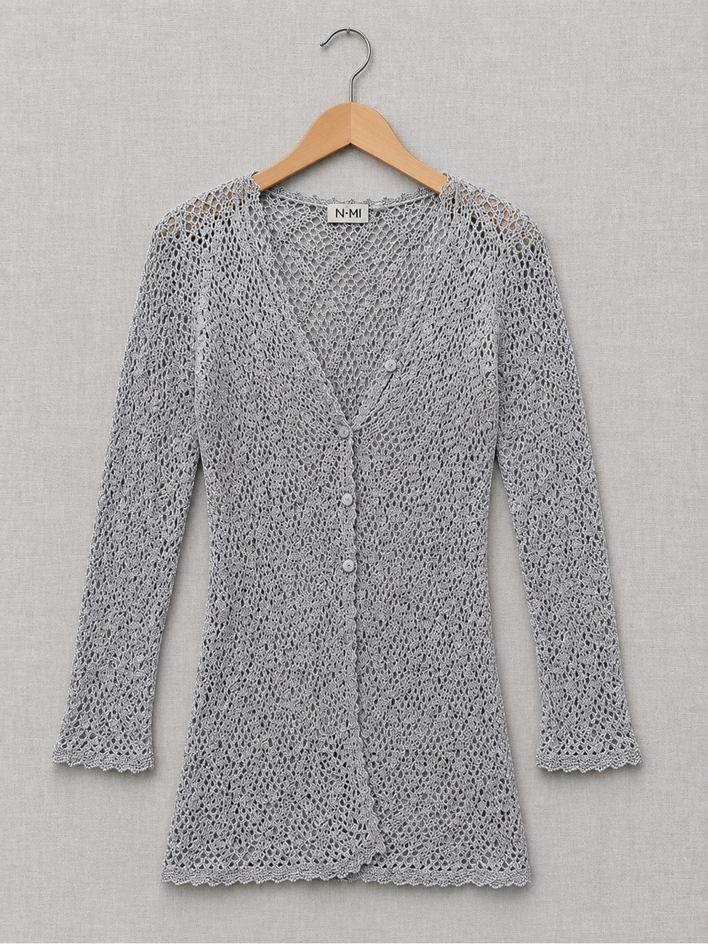 nomi Light Gray Open-Knit V-Neck Button Cardigan